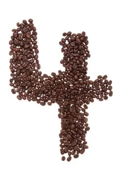 Roasted coffee beans placed in the shape of number four Stock Photos