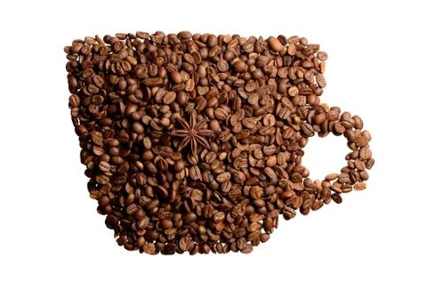 Roasted coffee beans placed in the shape of a cup on a white surface Stock Photos