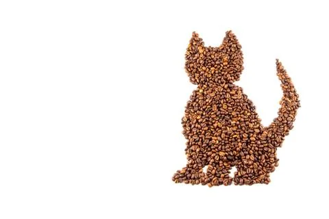 Roasted coffee beans placed in the shape of a cat Isolated on white backgroun Stock Photos