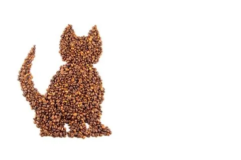 Roasted coffee beans placed in the shape of a cat Isolated on white backgroun Stock Photos