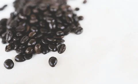 Roasted coffee beans placed on a white cloth. Stock Photos