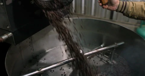 Roasted Coffee Beans Pouring Into Cooling Tray Slow Motion Stock-Footage 340143762