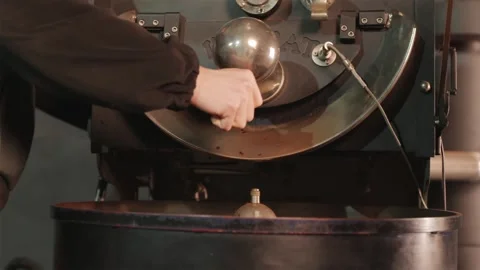 Roasted coffee beans pouring from roaster drum KYIV, UKRAINE - JAN 29, 2026 스톡 동영상 334732460