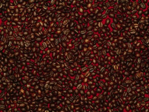 Roasted coffee beans on red background Foto stock