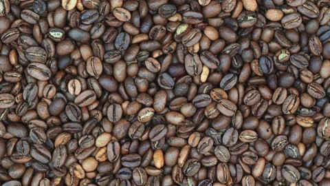 Roasted Coffee Beans Rotating in Close Up Flat Lay Stock Footage 346252177