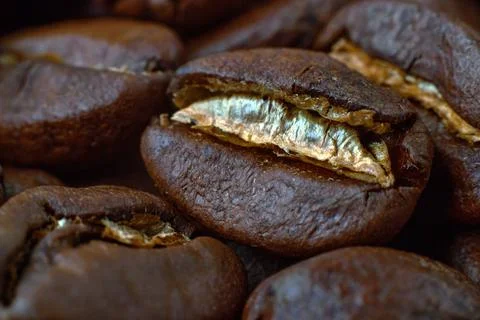 Roasted coffee beans scattered in random order on a dark background Stock Photos
