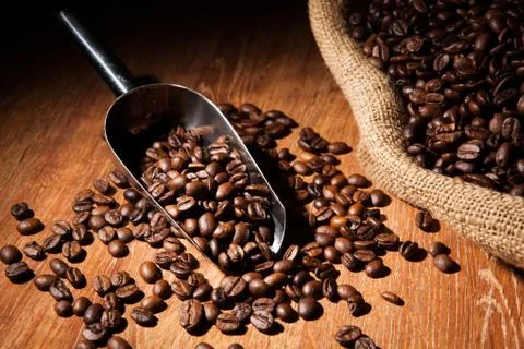 Roasted coffee beans with scoop Stock Photos