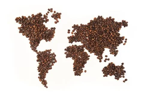 Roasted Coffee Beans in Shape of World Map Isolated on White Stock Photos