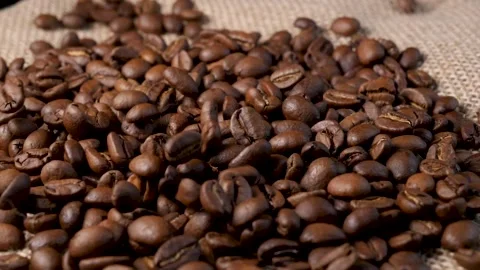 Roasted coffee beans. Smooth motion of arabica coffee seeds. Stock-Footage 154207420