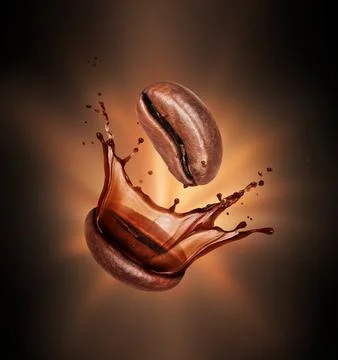 Roasted coffee beans with splashes are in the dark Stock Photos