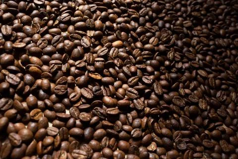 Roasted coffee beans texture. Top view, flat lay. Place for text. Copy space Stock Photos