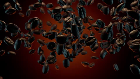 Roasted Coffee Beans Tossed Up and Falling in Slow Motion. 3D rendering Stock Footage 315281571