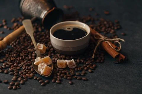 Roasted coffee beans in Turkish on table Stock Photos