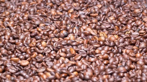 Roasted coffee beans on a turntable in UHD 動画素材 102492087