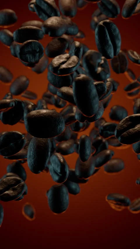 Roasted Coffee Beans Vertical Tossed Up and Falling in Slow Motion. 3D rendering Vídeo Stock 330070518