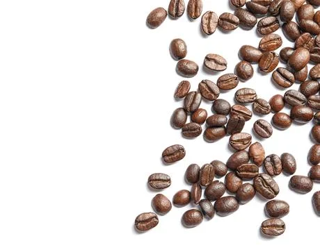 Roasted coffee beans on white background, top view Stock Photos