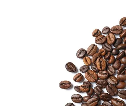 Roasted coffee beans on white background, top view 스톡 사진