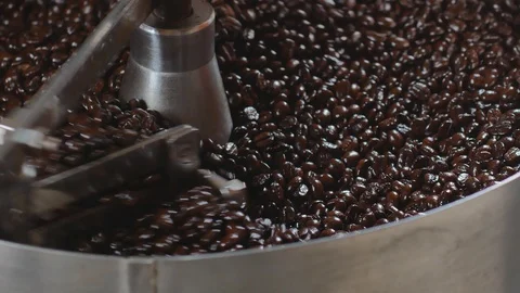 Roasted coffee in coffee roaster. Stock Footage 94228870