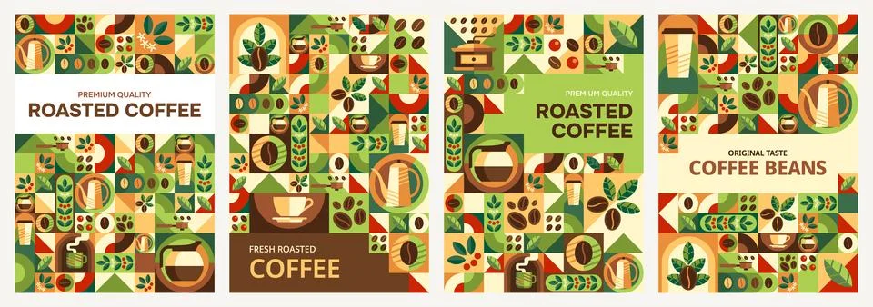 Roasted coffee posters with geometric pattern 스톡 일러스트