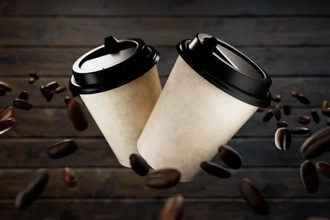 Roasted coffee seeds fly around two paper cups with coffee. Coffee poster. .. Stock Illustration
