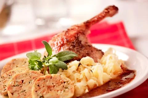Roasted duck leg with mashed potatoes and gravy Stock Photos