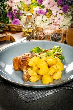 Roasted duck leg. Stock Photos