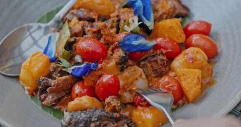 Roasted duck red curry served with pineapple and tomatoes Stock Footage 334408008