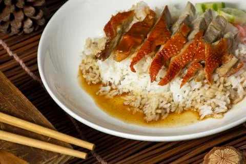 Roasted duck on rice 스톡 사진