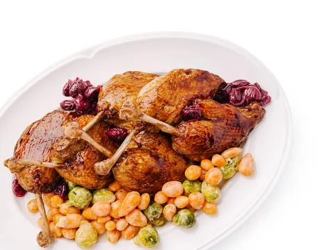 Roasted duck served with vegetables and berries on a white platter Stock Photos