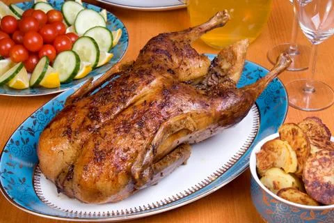 Roasted duck on the table Stock Photos