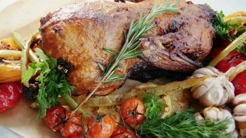 Roasted Duck with Vegetables. Stock Footage 305808365