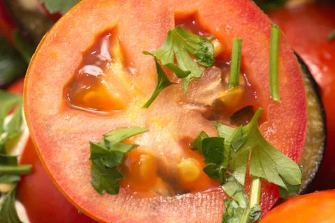 Roasted eggplant with tomatoes Stock Photos