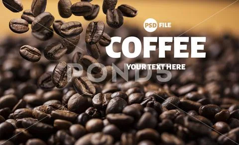 Roasted falling or flying coffee beans  PSD Template