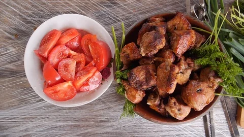 Roasted Grilled Meat Or Kebab With Vegetables On Picnic In Summer Video stock 94345636