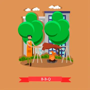 Roasted lamb meat on a spit. BBQ pig grilled fire. Vector illustration Stock Illustration