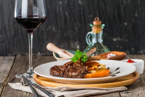 Roasted lamb ribs with  grilled pumpkin Stock Photos