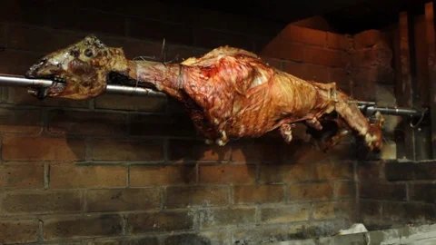 Roasted Lamb on a Spit Stock Footage 98147921