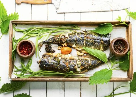 Roasted mackerel with herbs Stock Photos