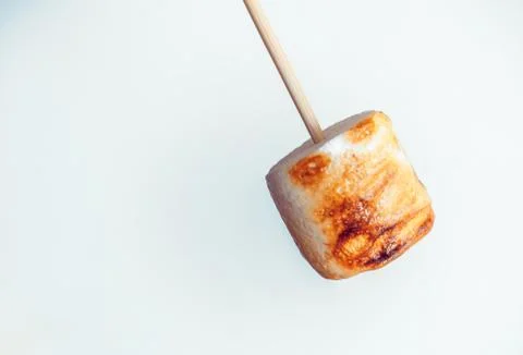 Roasted marshmallows on a skewer on white background Stock Photos