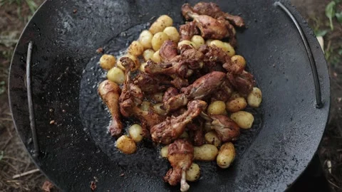 Roasted meat on fire. Fried chicken. Fried potatoes. Deliciously prepared dish. Stock Footage 205325339