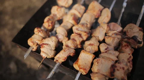 Roasted meat on the grill at campsite Stock Footage 49976411