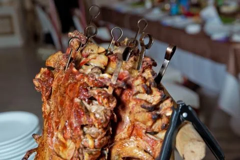 Roasted meat over an open fire, cooked in a special way.Barbecue is prepared Stock Photos