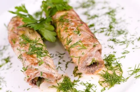 Roasted meat rolls, macro Stock Photos