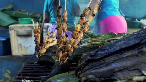 Roasted palm larvae on skewers. Sago bee... | Stock Video | Pond5