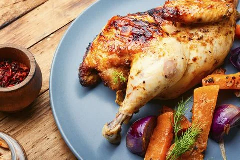 Roasted partridge with pumpkin Stock Photos