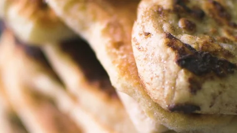 Roasted pies in column close up panning macro fresh tasty Stock Footage 108854431
