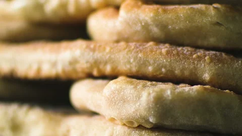 Roasted pies in column close up panning macro fresh tasty Stock-Footage 108854567