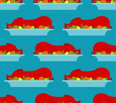 Roasted pig in plate pattern seamless. grilled pig background. vector texture 库存插图