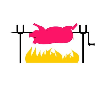 Roasted Pig on spit. Pork on fire. Vector illustration Illustrazione stock