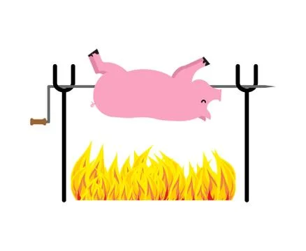 Roasted Pig on spit. Pork on fire. Vector illustration Illustrazione stock